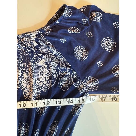 Woman Navy Blue White Paisley Maxi Dress Boho Medallion Bandanna Print Summer 1X - Picture 9 of 11